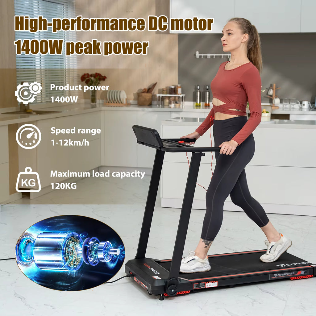 Folding Treadmill, Electric Treadmill, 2 in 1 Treadmill for Home Office, 120Kg,1-12Km/H, APP, Remote Control